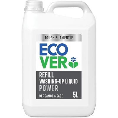Ecover Power Washing Up Liquid Refill, Washing Up Soap, Tough on Grease and Grime, Fresh Bergamot & Sage Scent, 1 x 5L Ecover Power Washing Up Liquid Refill, Washing Up Soap, Tough on Grease and Grime, Fresh Bergamot & Sage Scent, 1 x 5L