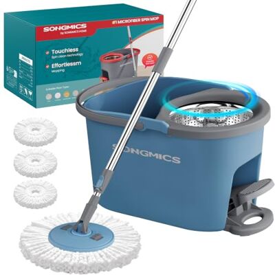 SONGMICS Spin Mop Bucket Set with Pedal Wringer, Floor Cleaning Mop, Adjustable Telescopic Handle 122.5-150 cm, 360° Rotating Head, 3 Microfibre Pads, Grey and Blue LMB002QT03 SONGMICS Spin Mop Bucket Set with Pedal Wringer, Floor Cleaning Mop, Adjustable Telescopic Handle 122.5-150 cm, 360° Rotating Head, 3 Microfibre Pads, Grey and Blue LMB002QT03