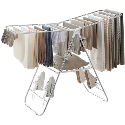 SONGMICS Clothes Airer, Foldable Drying Rack with Adjustable Wings Clothes Horse, Free-Standing Laundry Drying Rack for Indoor and Outdoor Use, Stainless Steel, Grey and White LLR502W01 SONGMICS Clothes Airer, Foldable Drying Rack with Adjustable Wings Clothes Horse, Free-Standing Laundry Drying Rack for Indoor and Outdoor Use, Stainless Steel, Grey and White LLR502W01