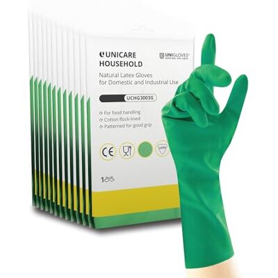 UNIGLOVES Unicare Household Green Latex Reusable Household Gloves for Cleaning, Washing up and Food Processing 12 Pairs Size M UNIGLOVES Unicare Household Green Latex Reusable Household Gloves for Cleaning, Washing up and Food Processing 12 Pairs Size M