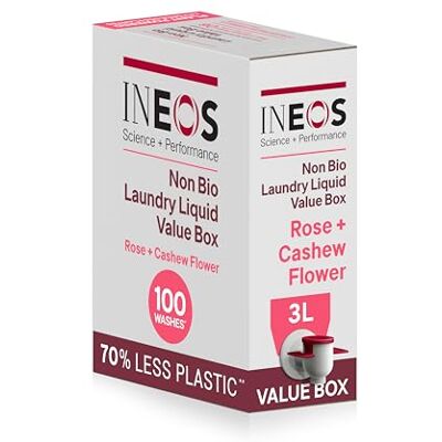 Ineos Next Gen Non Bio Laundry Washing Liquid Detergent, Stain Removal for Clothes, Plant Powered, Eco value box Rose + Cashew Flower 3L, Stress Relieving Fragrance, Vegan, Cruelty Free Ineos Next Gen Non Bio Laundry Washing Liquid Detergent, Stain Removal for Clothes, Plant Powered, Eco value box Rose + Cashew Flower 3L, Stress Relieving Fragrance, Vegan, Cruelty Free