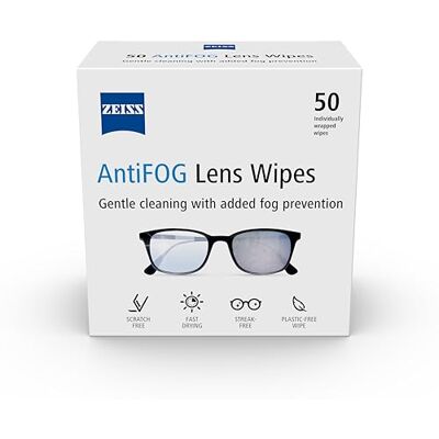 ZEISS AntiFOG Wipes, Lens Cleaner for Glasses, Cameras & Binoculars, Individually Packed Single Use Disposable Cloths in Sachets, for Handy and Portable Spectacle Cleaning On The Go – Pack of 50 ZEISS AntiFOG Wipes, Lens Cleaner for Glasses, Cameras & Binoculars, Individually Packed Single Use Disposable Cloths in Sachets, for Handy and Portable Spectacle Cleaning On The Go – Pack of 50
