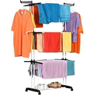NK Folding Upright Clothesline with 4 Levels – 6 Retractable Trays + 2 Side Wings with Stand Hangers + Shoe Rack, 360° Wheels (19 m Clothes) (White and Black) NK Folding Upright Clothesline with 4 Levels – 6 Retractable Trays + 2 Side Wings with Stand Hangers + Shoe Rack, 360° Wheels (19 m Clothes) (White and Black)