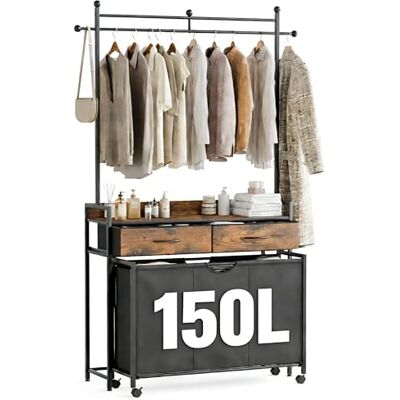 Mondeer Laundry Basket with Coat Rack, 150L Laundry Cart with Extendable Oxford Fabric, for Laundry Room, Bathroom, 129 x 33 x 199 cm, Rustic Brown and Black Mondeer Laundry Basket with Coat Rack, 150L Laundry Cart with Extendable Oxford Fabric, for Laundry Room, Bathroom, 129 x 33 x 199 cm, Rustic Brown and Black