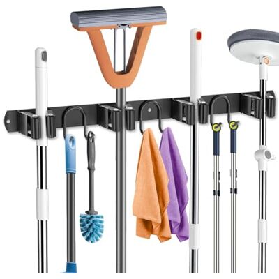 GUUKAR Mop Broom Holder Wall Mount, Black Stainless Steel Tool Storage Organizer for Kitchen Garden Garage Laundry Room Bathroom and RV with 4 Slots 6 Hooks GUUKAR Mop Broom Holder Wall Mount, Black Stainless Steel Tool Storage Organizer for Kitchen Garden Garage Laundry Room Bathroom and RV with 4 Slots 6 Hooks
