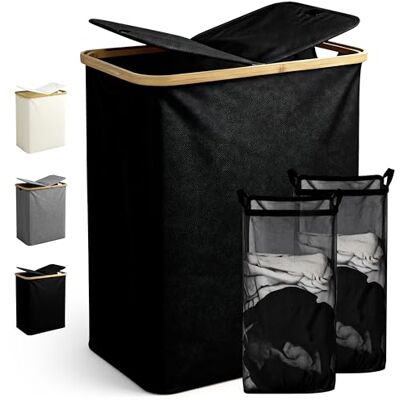 Ribelli Laundry Basket, 130 Litres, Foldable Laundry Hamper, 2 Compartments with Lid and Removable Laundry Bag, Large Laundry Bin for Laundry Room, Bathroom, Bedroom, Black Ribelli Laundry Basket, 130 Litres, Foldable Laundry Hamper, 2 Compartments with Lid and Removable Laundry Bag, Large Laundry Bin for Laundry Room, Bathroom, Bedroom, Black