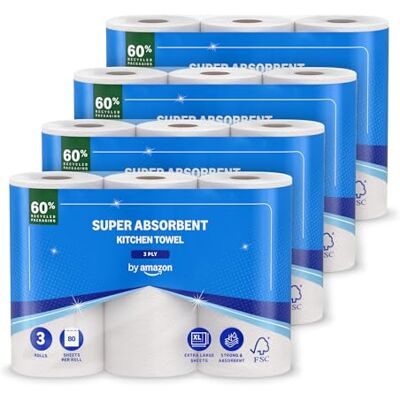 by Amazon Super Absorbent Kitchen Towel, 3-ply, 12 Rolls (4 Packs of 3), 80 Sheets per Roll, FSC Certified by Amazon Super Absorbent Kitchen Towel, 3-ply, 12 Rolls (4 Packs of 3), 80 Sheets per Roll, FSC Certified