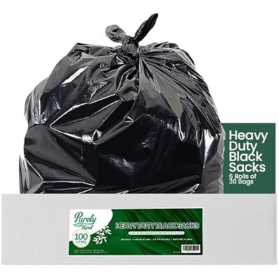 Blake & White Purely Kind Black Sacks 100L Ultra Durable & Eco Friendly Recyclable Bin Bags Heavy Duty Bin Liners for Household, Office, and Kitchen Box of 180 (6 Rolls of 30 Bags) Blake & White Purely Kind Black Sacks 100L Ultra Durable & Eco Friendly Recyclable Bin Bags Heavy Duty Bin Liners for Household, Office, and Kitchen Box of 180 (6 Rolls of 30 Bags)