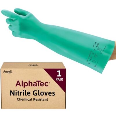 Ansell AlphaTec 37-185 Chemical-Resistant Nitrile Gloves, Liquid and Splash Protection, Food-Handling, Silicone and Latex-Free Work Glove, Waterproof, Reusable, Green, Size XL (1 Pair) Ansell AlphaTec 37-185 Chemical-Resistant Nitrile Gloves, Liquid and Splash Protection, Food-Handling, Silicone and Latex-Free Work Glove, Waterproof, Reusable, Green, Size XL (1 Pair)