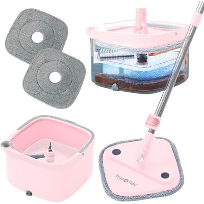 True & Tidy Square Spin Mop and Bucket Smart Floor Mop with Separate Compartments for Clean and Dirty Water, Self Cleaning with 2 Machine Washable Pads, First Launch Limited Edition Rose True & Tidy Square Spin Mop and Bucket Smart Floor Mop with Separate Compartments for Clean and Dirty Water, Self Cleaning with 2 Machine Washable Pads, First Launch Limited Edition Rose