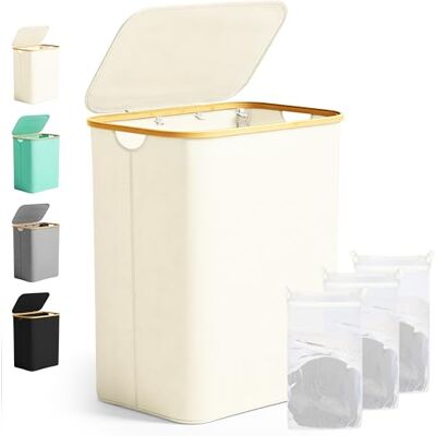 Ribelli Large Laundry Basket, 141 Litres, Foldable Laundry Hamper, 3 Compartments with Lid and Removable Laundry Bag, Laundry Bin for Laundry Room, Bathroom, Bedroom, Cream Ribelli Large Laundry Basket, 141 Litres, Foldable Laundry Hamper, 3 Compartments with Lid and Removable Laundry Bag, Laundry Bin for Laundry Room, Bathroom, Bedroom, Cream