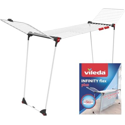 Vileda Infinity Flex Plus Clothes Airer Extendable Drying Rack up to 2m Indoor Laundry Dryer holds up to 3 Wash Loads Foldable Indoor Drying Rack Ideal for Bedding & Long Items Vileda Infinity Flex Plus Clothes Airer Extendable Drying Rack up to 2m Indoor Laundry Dryer holds up to 3 Wash Loads Foldable Indoor Drying Rack Ideal for Bedding & Long Items