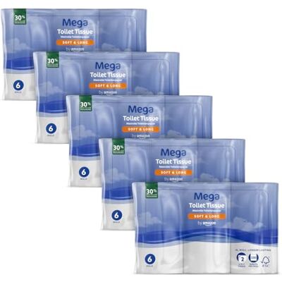 by Amazon Mega Toilet Roll, 2-Ply, Soft and Long, Pack of 30, 330 Sheets per Roll Extra Long Roll, Lasts Longer by Amazon Mega Toilet Roll, 2-Ply, Soft and Long, Pack of 30, 330 Sheets per Roll Extra Long Roll, Lasts Longer