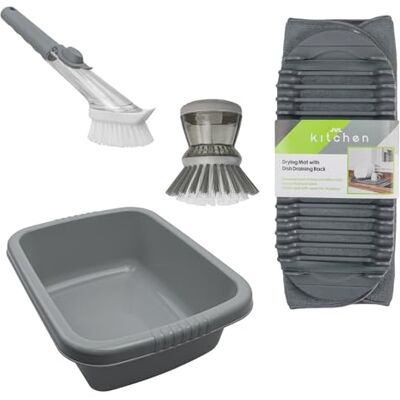 JVL Grey Rectangular Washing Up Bowl, Sesha Dish Drying Mat with Rack, Soap Dispensing Dish Brush with Refill Head & Scrubbing Brush Kitchen Sink Bundle JVL Grey Rectangular Washing Up Bowl, Sesha Dish Drying Mat with Rack, Soap Dispensing Dish Brush with Refill Head & Scrubbing Brush Kitchen Sink Bundle