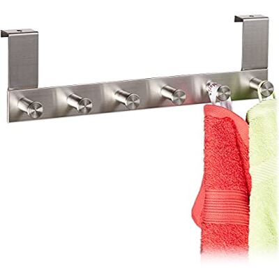 Relaxdays Over Door Rack, 6 Hooks, Stainless Steel, Clothes & Towel Hanger, Door Thickness 1.8cm, 11x38x5.5cm, Silver Relaxdays Over Door Rack, 6 Hooks, Stainless Steel, Clothes & Towel Hanger, Door Thickness 1.8cm, 11x38x5.5cm, Silver