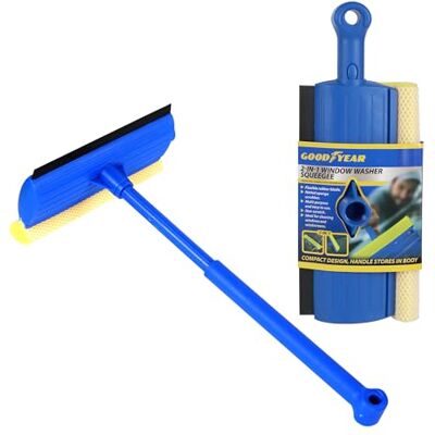 Goodyear 2 In 1 Window Squeegee Flexible Rubber Blade Netted Sponge Scrubber Multi-purpose And Easy To Use Non Scratch Ideal For Cleaning Windows And Windscreens Compact Design, Easy Storage Goodyear 2 In 1 Window Squeegee Flexible Rubber Blade Netted Sponge Scrubber Multi-purpose And Easy To Use Non Scratch Ideal For Cleaning Windows And Windscreens Compact Design, Easy Storage