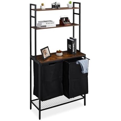 Relaxdays Laundry Laundry Basket Rack, 2 Pull-out Compartments, HWD: 162 x 80 x 34 cm, Collector, Bathroom Shelves, Black/Brown Relaxdays Laundry Laundry Basket Rack, 2 Pull-out Compartments, HWD: 162 x 80 x 34 cm, Collector, Bathroom Shelves, Black/Brown