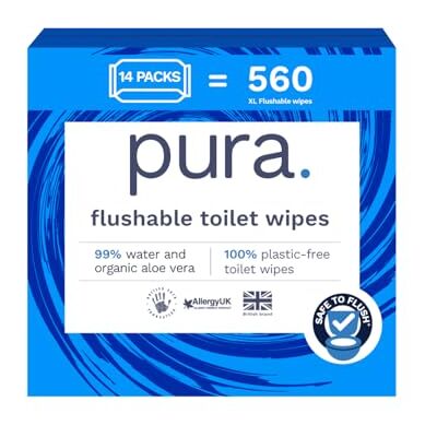 Pura Flushable Moist Toilet Tissue Wipes, 14 x 40 wipes per pack (560 Wipes) 100% Plastic Free, 99% Water Washlets, Certified Fine to Flush Biodegradable, Compostable, Vegan, Gentle, Clean, Wet Wipes Pura Flushable Moist Toilet Tissue Wipes, 14 x 40 wipes per pack (560 Wipes) 100% Plastic Free, 99% Water Washlets, Certified Fine to Flush Biodegradable, Compostable, Vegan, Gentle, Clean, Wet Wipes