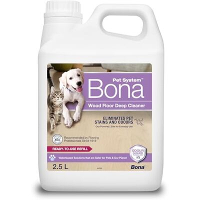 Bona Pet Wood Floor Deep Cleaner, Pet Stain and Odour Remover, Pet Friendly Wood Floor Cleaner Liquid, Spot Cleaning, 2.5 Litre Refill Bona Pet Wood Floor Deep Cleaner, Pet Stain and Odour Remover, Pet Friendly Wood Floor Cleaner Liquid, Spot Cleaning, 2.5 Litre Refill