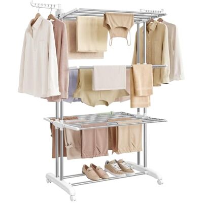 SONGMICS Large Clothes Airer, Foldable Clothes Drying Rack Horse 4-Tier, Moveable, 63.5 x 128 x 173 cm, Stainess Steel, Folding Wings, Indoor Outdoor Use, Silver and Cloud White LLR701EW01 SONGMICS Large Clothes Airer, Foldable Clothes Drying Rack Horse 4-Tier, Moveable, 63.5 x 128 x 173 cm, Stainess Steel, Folding Wings, Indoor Outdoor Use, Silver and Cloud White LLR701EW01