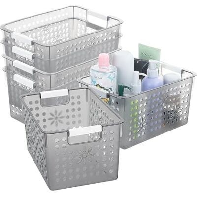 Cetomo Plastic Storage Box, Storage Baskets with Handle, Shelf Basket Organizer with Hole, Open Top Storage Bin for Home Kitchen Office, Clear Black, 6 Pack (27 x 18 x 14.5 cm) Cetomo Plastic Storage Box, Storage Baskets with Handle, Shelf Basket Organizer with Hole, Open Top Storage Bin for Home Kitchen Office, Clear Black, 6 Pack (27 x 18 x 14.5 cm)