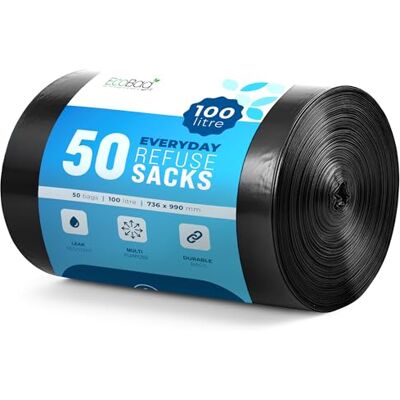 EcoBag 50 Pack Everyday Refuse Sacks Recyclable Bin Bags, Leak Resistant, Eco-Friendly, Durable Waste Disposal Bags for Kitchen, Office Waste & Light Rubbish, 30 Micron (Μm) /100l EcoBag 50 Pack Everyday Refuse Sacks Recyclable Bin Bags, Leak Resistant, Eco-Friendly, Durable Waste Disposal Bags for Kitchen, Office Waste & Light Rubbish, 30 Micron (Μm) /100l
