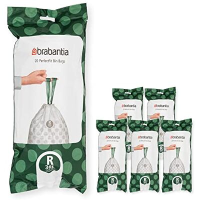 Brabantia 138584 PerfectFit Bin Liners Multipack (Size R/36 Litre) Thick Plastic Trash Bags with Tie Tape Drawstring Handles (120 Bags), White Brabantia 138584 PerfectFit Bin Liners Multipack (Size R/36 Litre) Thick Plastic Trash Bags with Tie Tape Drawstring Handles (120 Bags), White