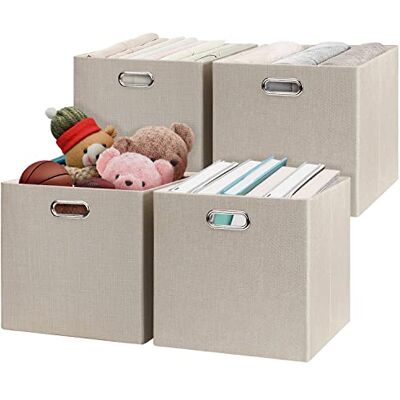 Posprica Storage Boxes, Foldable Organiser Cube Basket Bin, Thick and Heavy Duty (33×33×33cm/4pcs, Beige) Posprica Storage Boxes, Foldable Organiser Cube Basket Bin, Thick and Heavy Duty (33×33×33cm/4pcs, Beige)