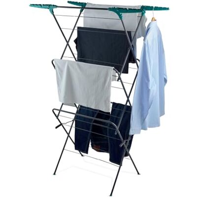 Tower 3 Tier Concertina Clothes Airer with Fold Out Hanger Hooks, 18m Drying Space, Self-Setting Frame, Space- Saving Foldable Design, Anthracite & Teal, T873030TL Tower 3 Tier Concertina Clothes Airer with Fold Out Hanger Hooks, 18m Drying Space, Self-Setting Frame, Space- Saving Foldable Design, Anthracite & Teal, T873030TL