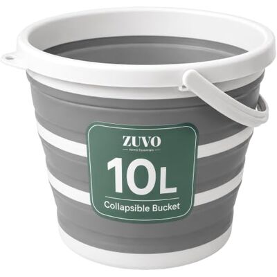 Zuvo Collapsible Bucket 10L, Silicone Foldable Bucket, White and Grey Zuvo Collapsible Bucket 10L, Silicone Foldable Bucket, White and Grey