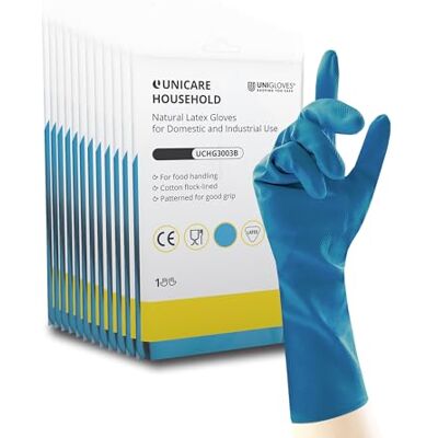UNIGLOVES Unicare Household Blue Latex Reusable Household Gloves for Cleaning, Washing up and Food Processing 12 Pairs Size XL UNIGLOVES Unicare Household Blue Latex Reusable Household Gloves for Cleaning, Washing up and Food Processing 12 Pairs Size XL