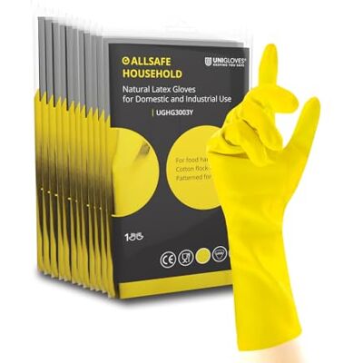 UNIGLOVES Allsafe Household Yellow Latex Reusable Household Gloves for Cleaning, Washing up and Food Processing 12 Pairs Size S UNIGLOVES Allsafe Household Yellow Latex Reusable Household Gloves for Cleaning, Washing up and Food Processing 12 Pairs Size S