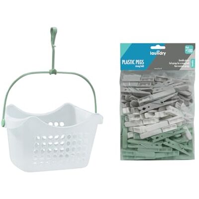 JVL Peg Basket with 100 Plastic Clothes Pegs – Large Capacity Laundry Peg Holder – Assorted Colours JVL Peg Basket with 100 Plastic Clothes Pegs – Large Capacity Laundry Peg Holder – Assorted Colours
