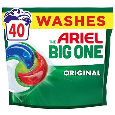 Ariel The Big One PODS, Washing Liquid Laundry Detergent Capsules 40 Washes, Original, 2X Stain & Odour Removal, Fast Dissolving Even in Cold Ariel The Big One PODS, Washing Liquid Laundry Detergent Capsules 40 Washes, Original, 2X Stain & Odour Removal, Fast Dissolving Even in Cold