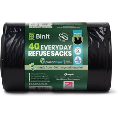 BIN IT 40 Tie Top, Everyday Refuse Sacks, Bin Bags, Bin Liners, 70 Litre, Recycled, Strong, Tear Resistant, 30 μm, Perfect for Every Day Use, Household, Office, Kitchen & Caterers BIN IT 40 Tie Top, Everyday Refuse Sacks, Bin Bags, Bin Liners, 70 Litre, Recycled, Strong, Tear Resistant, 30 μm, Perfect for Every Day Use, Household, Office, Kitchen & Caterers