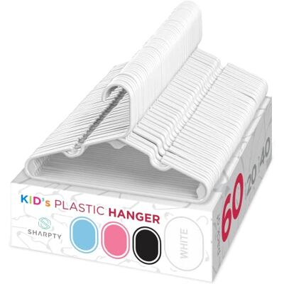 Sharpty White Children's Hangers Plastic, Kids Hangers Ideal for Everyday Standard Use, Baby Hangers (Kids 60 Pack) Sharpty White Children's Hangers Plastic, Kids Hangers Ideal for Everyday Standard Use, Baby Hangers (Kids 60 Pack)