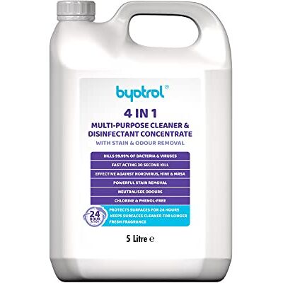 Byotrol 4-in-1 Multi-Purpose Cleaner & Disinfectant Concentrate with Stain and Odour Removal 24 hour protection Works in Seconds, Protects for Hours 5L Concentrate Bottle Byotrol 4-in-1 Multi-Purpose Cleaner & Disinfectant Concentrate with Stain and Odour Removal 24 hour protection Works in Seconds, Protects for Hours 5L Concentrate Bottle