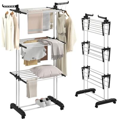 HOMCOM 4-Tier Clothes Airer Foldable Clothes Horse with Wings Steel Black HOMCOM 4-Tier Clothes Airer Foldable Clothes Horse with Wings Steel Black