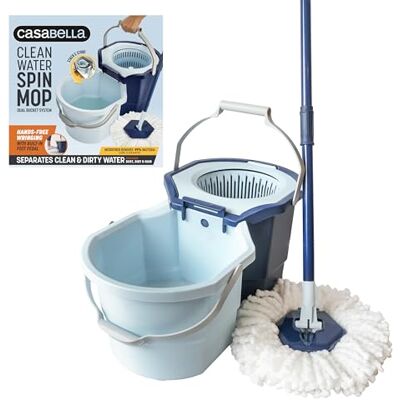 Casabella Clean Water Microfiber Spin Mop with 2-Bucket System, Blue/White Casabella Clean Water Microfiber Spin Mop with 2-Bucket System, Blue/White