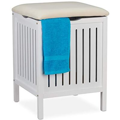 Relaxdays Laundry Basket with Seat, Country Style, Laundry Bin, Wood & Fabric, Bathroom Stool HxWxD: 55x41x41 cm, White Relaxdays Laundry Basket with Seat, Country Style, Laundry Bin, Wood & Fabric, Bathroom Stool HxWxD: 55x41x41 cm, White