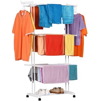 NK Folding Upright Clothesline with 4 Levels – 6 Retractable Trays + 2 Side Wings with Stand Hangers + Shoe Rack, 360° Wheels (19 m Clothes) (White) NK Folding Upright Clothesline with 4 Levels – 6 Retractable Trays + 2 Side Wings with Stand Hangers + Shoe Rack, 360° Wheels (19 m Clothes) (White)