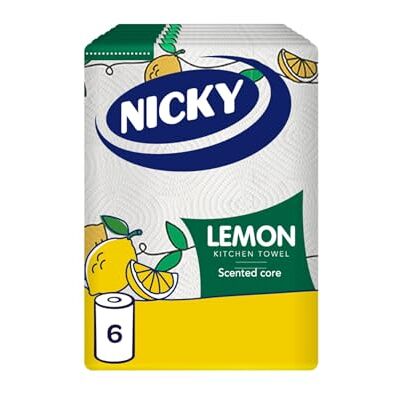 Nicky Lemon Kitchen Towel Pack of 6 Rolls, 150 2-Ply Sheets per Roll, Absorbent, Easy Opening, Lemon Scented Core,Embossing, Decorated Sheets, 100 Percent FSC Paper Nicky Lemon Kitchen Towel Pack of 6 Rolls, 150 2-Ply Sheets per Roll, Absorbent, Easy Opening, Lemon Scented Core,Embossing, Decorated Sheets, 100 Percent FSC Paper