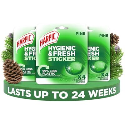 Harpic Hygienic Fresh Sticker Adhesive Toilet Block, Pine, Pack 3 x 4 Stickers, Toilet Freshener, No Plastic Applicator, Up to 24 weeks of Freshness Harpic Hygienic Fresh Sticker Adhesive Toilet Block, Pine, Pack 3 x 4 Stickers, Toilet Freshener, No Plastic Applicator, Up to 24 weeks of Freshness