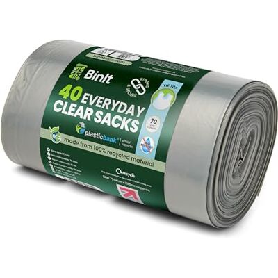 BIN IT 40 Clear Large 70L Strong & Secure, Tie Top, Recycling Sacks, Bin Bags, Bin Liners, Refuse Sacks, Recycled, Tear Resistant, 120 Gauge 30 μm, Perfect for Everyday Use BIN IT 40 Clear Large 70L Strong & Secure, Tie Top, Recycling Sacks, Bin Bags, Bin Liners, Refuse Sacks, Recycled, Tear Resistant, 120 Gauge 30 μm, Perfect for Everyday Use