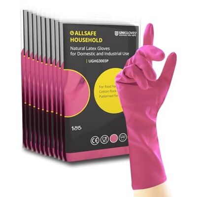UNIGLOVES Allsafe Household Pink Latex Reusable Household Gloves for Cleaning, Washing up and Food Processing 12 Pairs Size S UNIGLOVES Allsafe Household Pink Latex Reusable Household Gloves for Cleaning, Washing up and Food Processing 12 Pairs Size S
