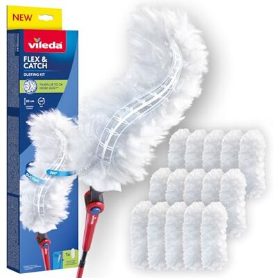 Vileda Flex & Catch Dusting Kit with 15 Disposable Duster Refills Traps 3x More Dust Than Traditional Feather Dusters Refills made from recycled materials Extendable duster 93 cm handle Vileda Flex & Catch Dusting Kit with 15 Disposable Duster Refills Traps 3x More Dust Than Traditional Feather Dusters Refills made from recycled materials Extendable duster 93 cm handle