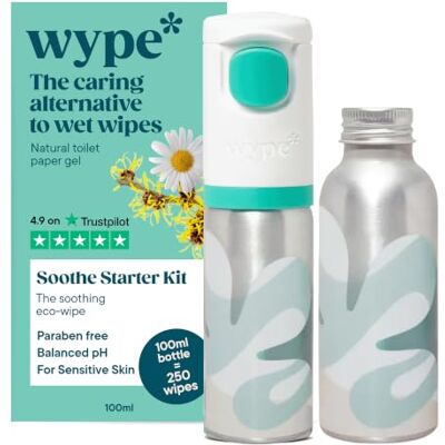 Wype Starter Kit & Refill Bundle Toilet Roll Gel Extra Soothing Flushable Wet Wipe Alternative 1 Applicator, 2 100ml Refills 500 Wipes Wype Starter Kit & Refill Bundle Toilet Roll Gel Extra Soothing Flushable Wet Wipe Alternative 1 Applicator, 2 100ml Refills 500 Wipes