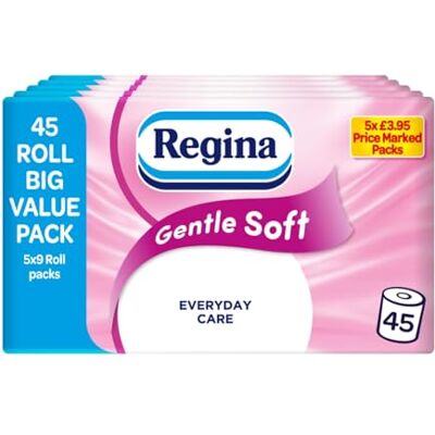 Regina Gentle Soft Toilet Tissue 45 Rolls of 3 Ply Toilet Paper, 160 Sheets, Soft and Gentle, 30% PCR Plastic Packaging, FSC Certificated Regina Gentle Soft Toilet Tissue 45 Rolls of 3 Ply Toilet Paper, 160 Sheets, Soft and Gentle, 30% PCR Plastic Packaging, FSC Certificated