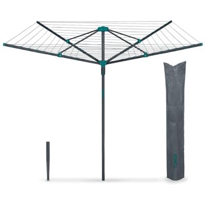 Tower 40m 4-Arm Rotary Airer Washing Line with Cover & Ground Spike, Weather-Resistant, Foldable Steel Frame, Space-Saving Outdoor Clothes Dryer, Anthracite & Teal, T873031TL Tower 40m 4-Arm Rotary Airer Washing Line with Cover & Ground Spike, Weather-Resistant, Foldable Steel Frame, Space-Saving Outdoor Clothes Dryer, Anthracite & Teal, T873031TL