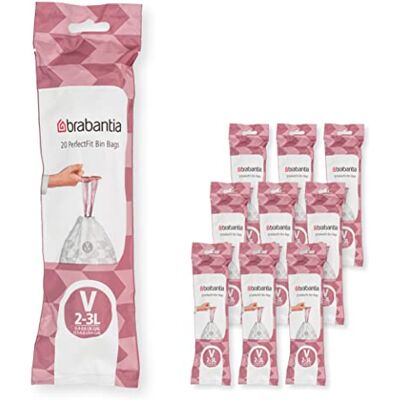 Brabantia 137686 PerfectFit Bin Liners Multipack (Size V/2-3 Litre) Thick Plastic Trash Bags with Tie Tape Drawstring Handles (200 Bags), White Brabantia 137686 PerfectFit Bin Liners Multipack (Size V/2-3 Litre) Thick Plastic Trash Bags with Tie Tape Drawstring Handles (200 Bags), White